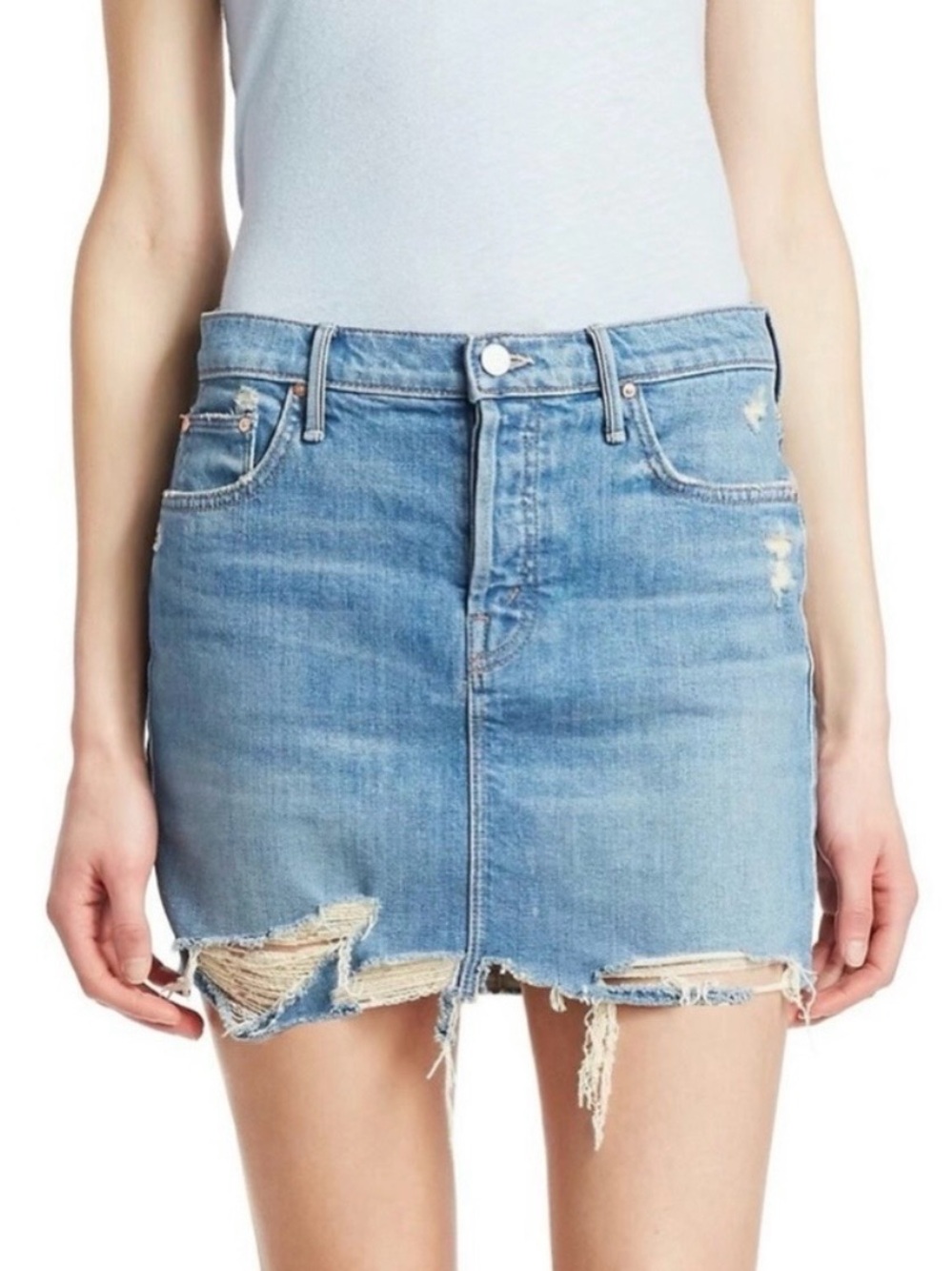 MOTHER Light Blue Distressed Denim Mini Skirt